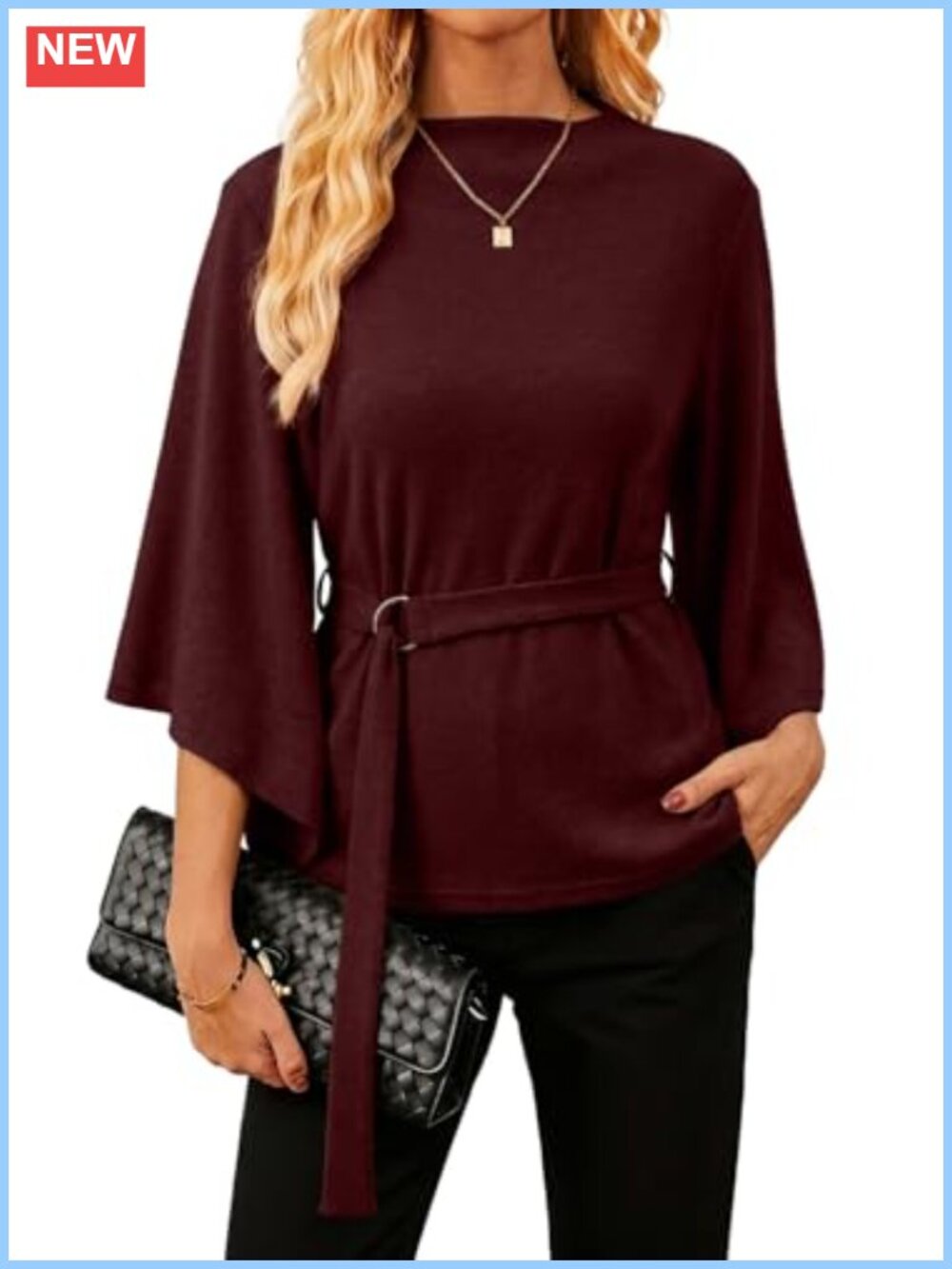 Mock Neck Batwing Sleeve Blouse with Ring Belt